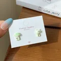 Cute cartoon cat and green mushroom stud earrings set on a decorative paper card - Cat and Mushroom (XRT7) / Green