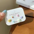 Set of 6 cute cartoon earrings with stars, clouds, and bears on display card - Yellow Star Bunny (XRT2) / 3 Pairs Set / Yellow