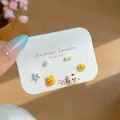 Set of 6 cute colorful stud earrings featuring fruit, star and cat designs on white card - Cat Orange (XRT16) / 3 Pairs Set / Orange