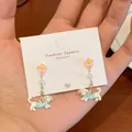 Cute polka dot dachshund drop earrings with pink floral studs and pearls for women - Blue Flower Dachshund Drop Style