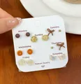 Autumn leopard print stud earrings set with cute brown bears and resin bows - Leopard Print Donut Style