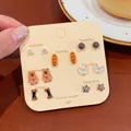 Autumn tortoiseshell leopard print seven-pair earring set with cute bear and bread designs - Baguette Bone Style