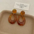 Retro amber resin hoop earrings with elegant tortoiseshell finish in minimalist style - Geometric Oval Pendant