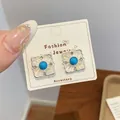 Bohemian silver square hollow stud earrings with sky blue stone and crystals - Square Blue Stone Style (YYT4)