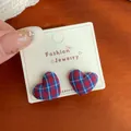 Handmade red and blue tartan fabric heart stud earrings on jewelry display card - Blue Red Plaid Heart
