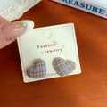 Blue and brown plaid fabric heart-shaped stud earrings for women with silver needle posts - Blue Yellow Plaid Heart