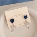 Retro blue denim heart earrings with sparkling rhinestones and silver bow tassels - Denim Blue Heart Bow Rhinestone