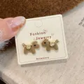 Cute brown flocked puppy stud earrings with gold accents for autumn and winter style - Brown Dog Earrings (MMW35)