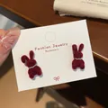 Cute burgundy flocked bunny earrings with micro pearl collars on a jewelry card - Lop-eared Rabbit (VF31) / Red