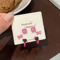 Set of 3 pink Barbie style stud earrings with butterfly and black heart charms - Pink Black Heart C-Ring Style (BBF4)
