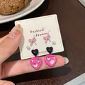 Pink heart and bow stud earrings set with rhinestones on fashion jewelry card - Magic Pink Black Heart Style (BBF2)