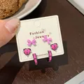 Pink Barbie style butterfly and heart earring set with silver pins for trendy women - Lace Butterfly Pink Black Style (BBF5)