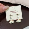 Cute calico cat and fish oil-drop stud earrings with imitation pearls on display card - Spotted Cat with Fish (KTW53)