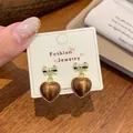 French vintage heart-shaped drop earrings with golden bow and brown tiger eye stone - Bowknot Heart Pendant (UJ11)