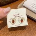 French vintage heart earrings with pearl border and red droplet stone in gold finish - Autumn Strawberry Rhinestone (UJ4)