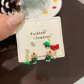 6-piece Christmas earring set with green trees, holiday bears, and pearl bows on a card - Bear with Christmas Tree