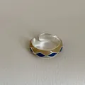 Macro detail of retro enamel diamond patterns on adjustable silver geometric ring - Silver Base Brown Tan Deep Blue Rhombus (Style 2 Ring)