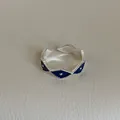 Close-up of blue enamel diamond patterns and silver bead textures on adjustable ring - Silver Base Deep Blue Evil Eye (Style 7 Ring)