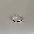 Detailed close-up of a silver adjustable ring with dark red enamel diamond patterns - Silver Base Deep Red Rhombus (Style 11 Ring)