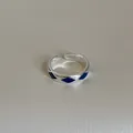 Detailed close-up of a silver-tone open ring featuring blue enamel diamond patterns - Silver Base Blue Rhombus Pattern (Style 12 Ring)