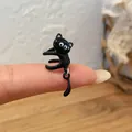 Adjustable black cat open ring with a dangling tail pendant and enamel finish - Black Cat Open Ring (MMW6)