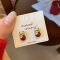 Festive red lucky cat stud earrings with golden finish and round bead charms - Waving Maneki Neko Style (ZCM1)