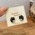 Asymmetric flocked black cat stud earrings with cute pink cup detail and silver pins - Coffee Cup Black Cat Studs (MMW24)