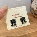 Cute black cat studs with milk tea design and velvet star finish for women - Milk Tea Black Cat Studs (MMW26)