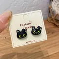Asymmetric flocked black cat stud earrings with yellow eyes and silver needles - Black Cat Image Earrings (MMW27)