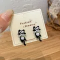 Cute black cat earrings with silver fish and rhinestone details for women - Black Cat With Fish Studs (MMW29)
