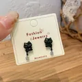 Cute black cat flocking earrings with dripping oil finish and small zircon pendant on card - Zirconia Black Cat Earrings (MMW30)