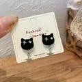Cute black flocked cat head stud earrings with sparkling eyes and silver cross charms - Black Cat Star Eye Studs Flocking (MMW50)