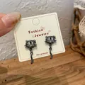 Cute black cat earrings with rhinestones and long dangling tails on fashion card - Hollow Cat Tail Earrings (MMW53)