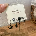 Cute flocked black cat earrings set with star drops and silver pins for students - Small Black Cat Fish Ear Clip Collection (MMW54)