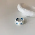 French vintage irregular open ring with white enamel and blue sand texture finish - White (Blue Quicksand/Gold Foil)