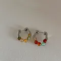 Detail of C-shaped silver textured earrings with multi-color natural stone beads - Real Gold Plated Metal With Natural Stone and 925 Sterling Silver Earring Post / Silver Multicolor Natural Stone Style