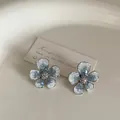 Blue gradient crystal flower stud earrings with silver plating and white rhinestones - Zircon Crystal Flower Style