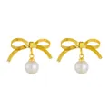 Elegant 18k gold butterfly bow earrings with large round pearls in French vintage style - Golden Bowknot Artificial Pearl Stud Earrings (7898)