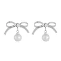 Elegant silver bow earrings with woven texture and white hanging pearls for women - Steel Color Bowknot Artificial Pearl Stud Earrings (PE0547-3)