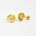 Close-up of 18K gold earrings with Roman numerals, central zircon and screw back closure - Roman Numeral Zirconia Style
