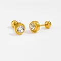 Macro detail of gold barbell stud earrings with round clear crystal and screw back - White Zircon
