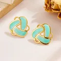 Vintage gold triangle enamel earrings with green marble texture in a French style - Cross Triangle Cyan Enamel
