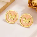 Französische Vintage Schmetterling Ohrstecker aus vergoldetem Edelstahl mit Marmortextur - Orange