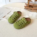 Girls grass green suede hollow out clogs with vintage buckle for summer comfort - EU 26 / Green