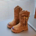 Brown faux suede girls tall boots with stylish tassels and durable lug soles - EU 26 / Camel