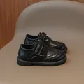 Classic black Brogue leather girl shoes with anti-slip thick rubber sole and velcro strap - EU 22 / Black