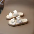 White double-strap girls' slide sandals with adjustable golden buckles and thick soles - EU 22 / White