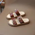 Brown leather double-buckle girl slippers with gold metal buckles and thick rubber sole - EU 21 / Brown