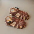 Retro brown woven leather Roman sandals for girls with adjustable buckle closure - 16 / Brown