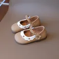 Khaki Mary Jane shoes for girls with floral embroidery and woven strap detail - 21 / Khaki / 0.0